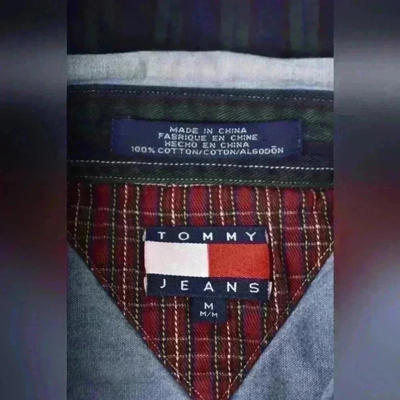 90s TOMMY HILFIGER JEANS Blue Cotton Chambray  Patchwork Oversized Shirt Medium - Picture 6 of 9